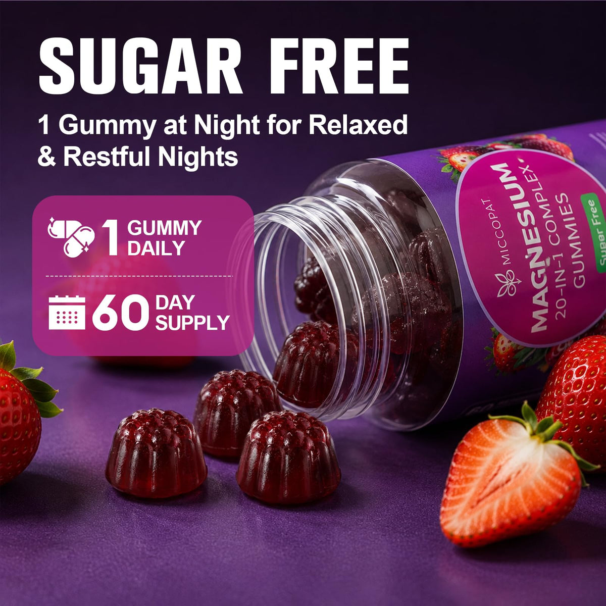 Gummies Migcopat avec des ingrédients naturels en arrière-plan