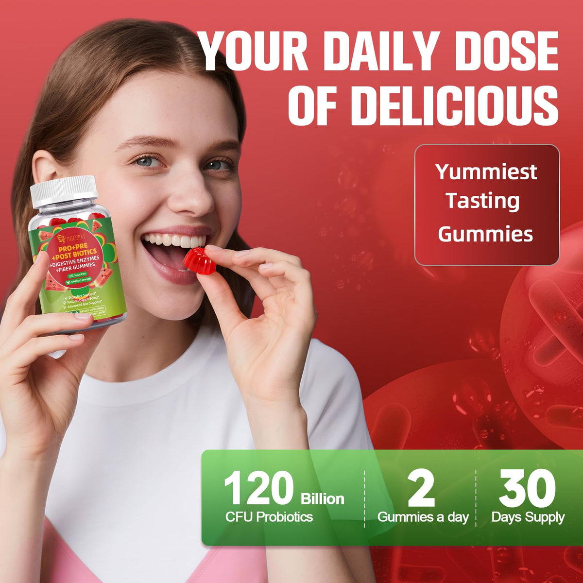 Gummies Migcopat avec emballage ouvert, vue de dessus