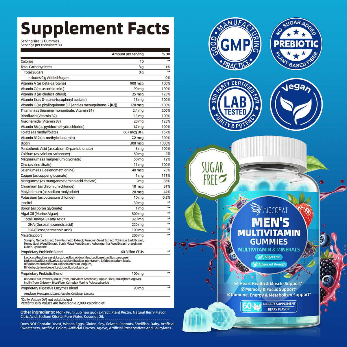 Gummies Migcopat pour hommes, saveur baie, présentation des gummies
