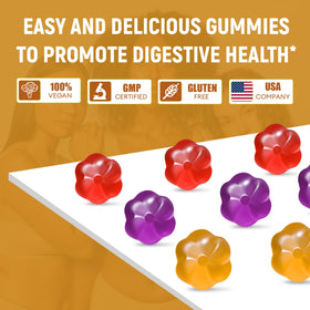 Gummies Migcopat sur une table avec fruits frais
