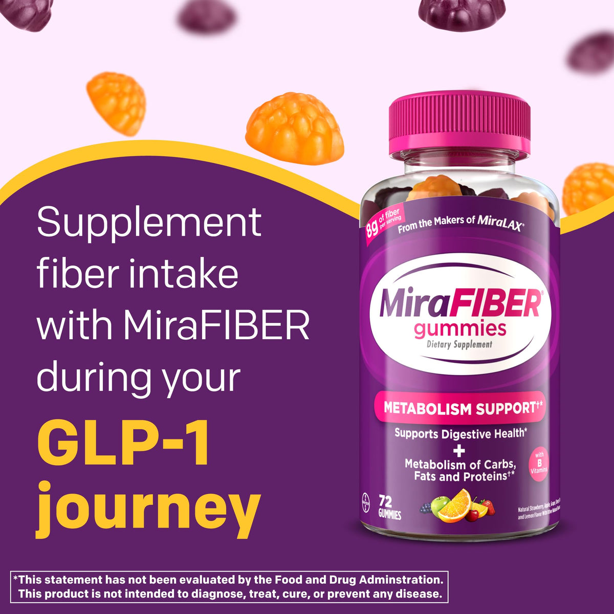 Gummies MiraFIBER de MiraLAX, vue de côté montrant la texture des gummies