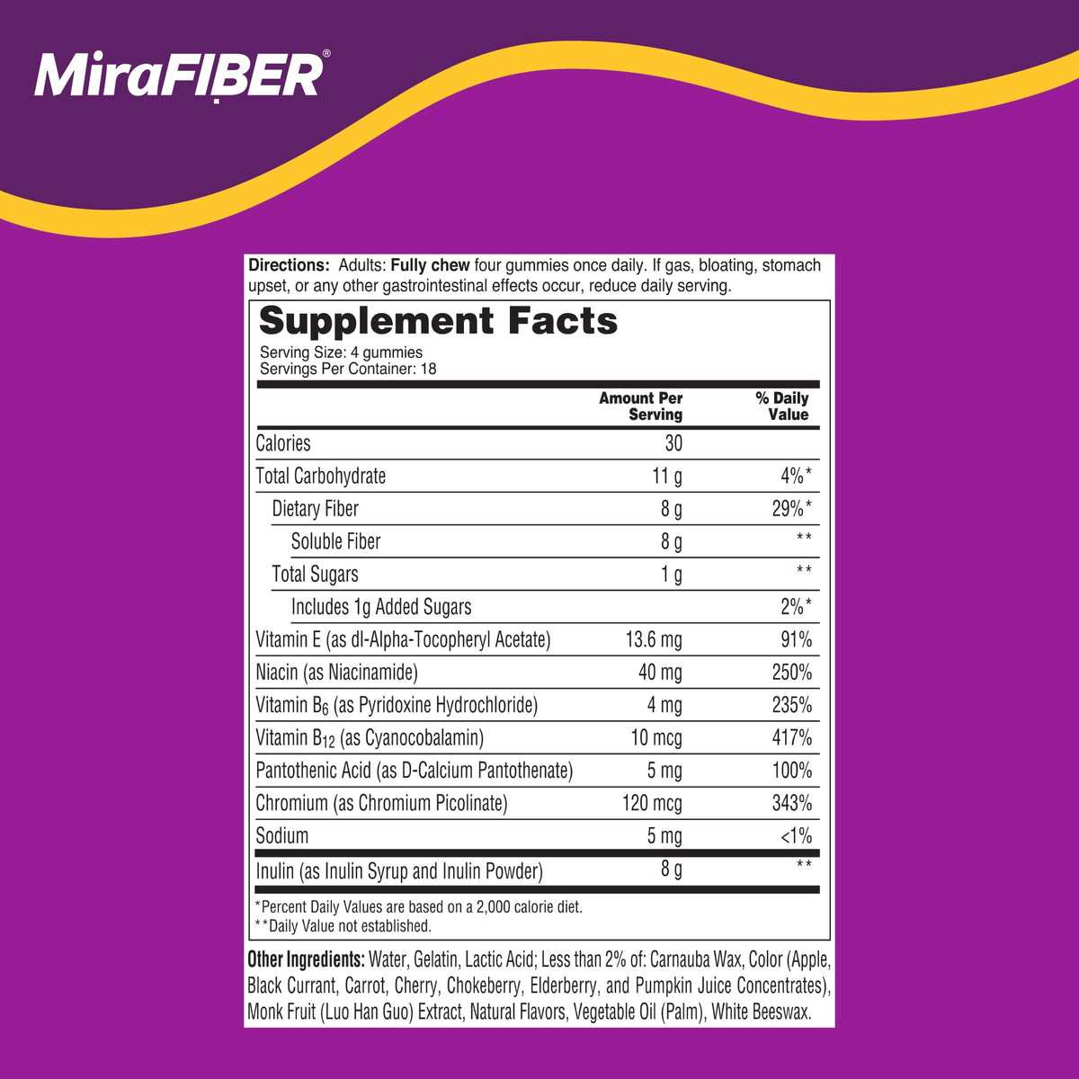 Gummies MiraFIBER de MiraLAX, vue de l'arrière de l'emballage