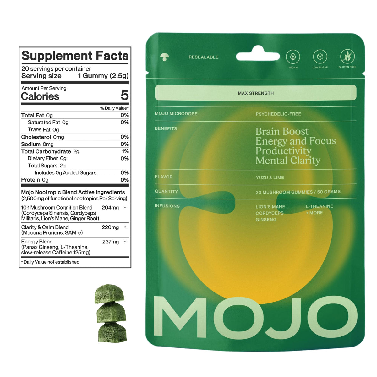 Gummies Mojo Focus Extra Fort avec un verre d'eau et un carnet