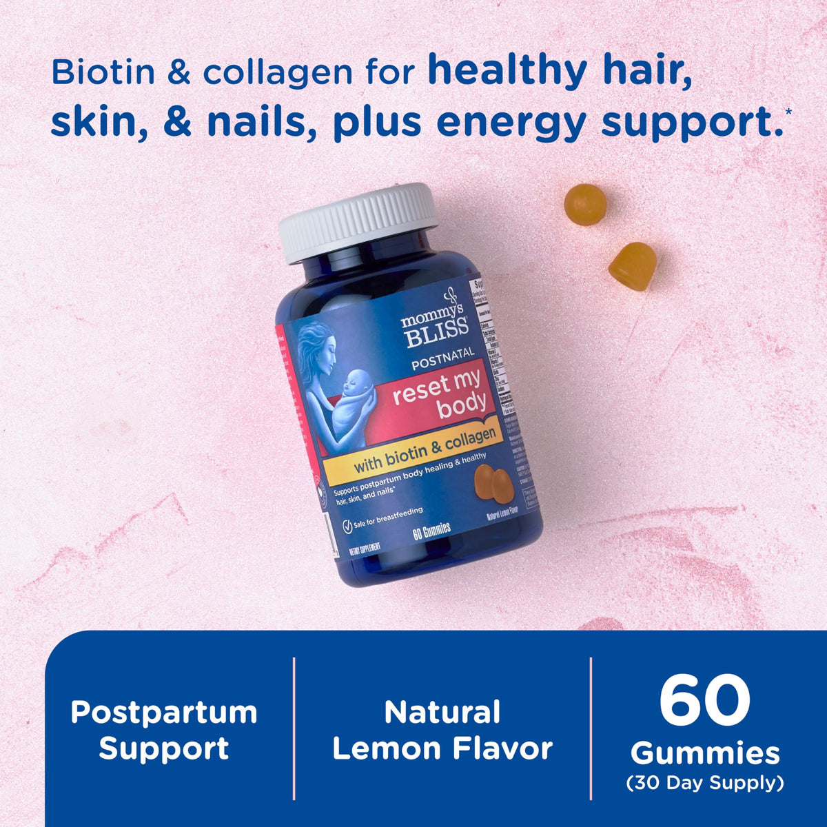 Gummies Mommy's Bliss avec biotine et collagène sur fond blanc