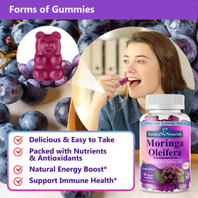 Gummies Moringa Bio AuraraNeNourish sur fond blanc