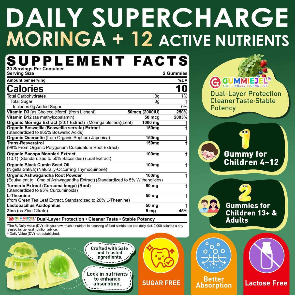 Gummies Moringa ELLAMENTZ 1000mg avec quatre gummies sur une surface plane