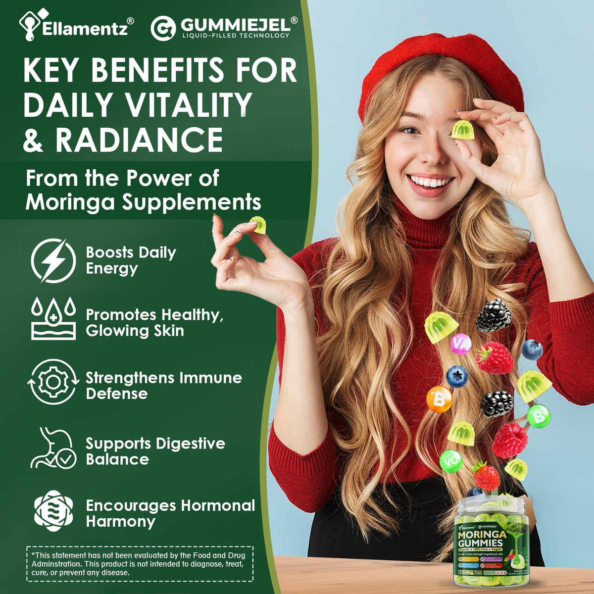 Gummies Moringa ELLAMENTZ 1000mg prise en main, texture douce