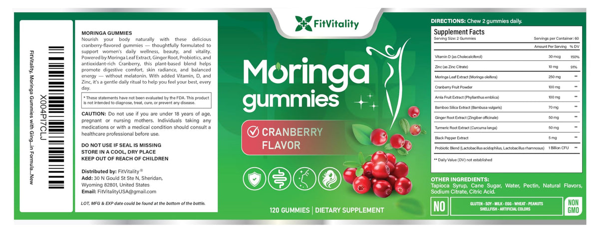 Gummies Moringa FitVitality avec des fruits et épices en arrière-plan