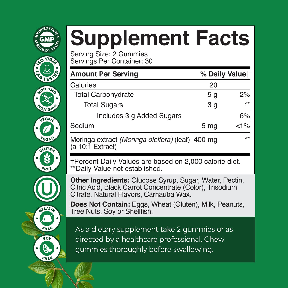 Gummies Moringa Natures Craft, étiquette et informations nutritionnelles