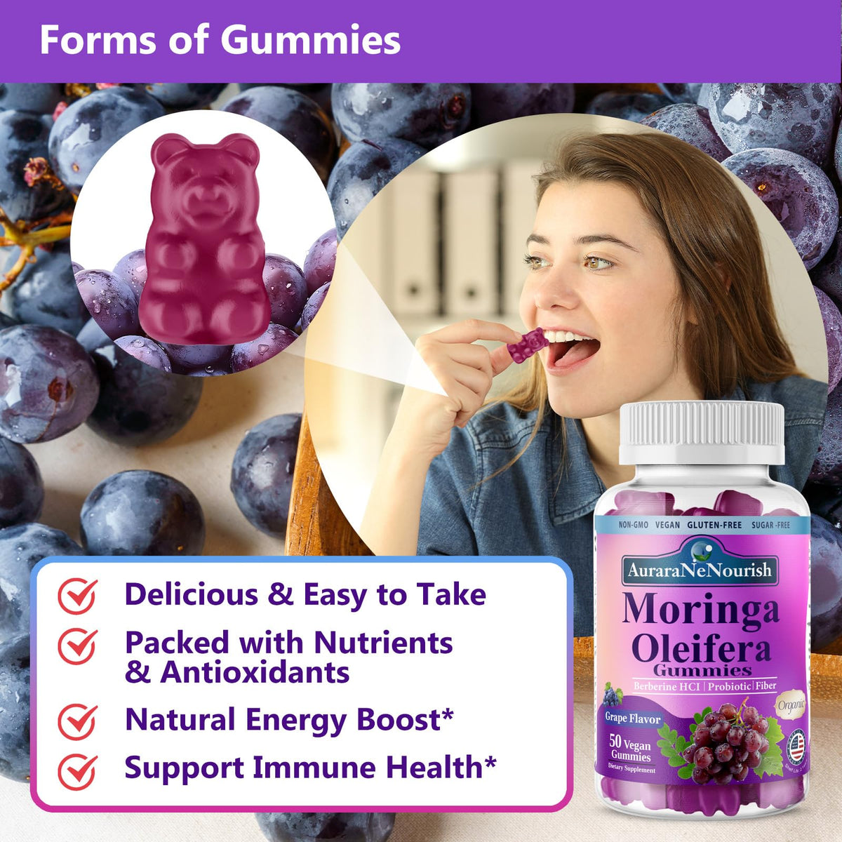 Gummies Moringa Oleifera AuraraNeNourish ouvertes avec plusieurs gummies