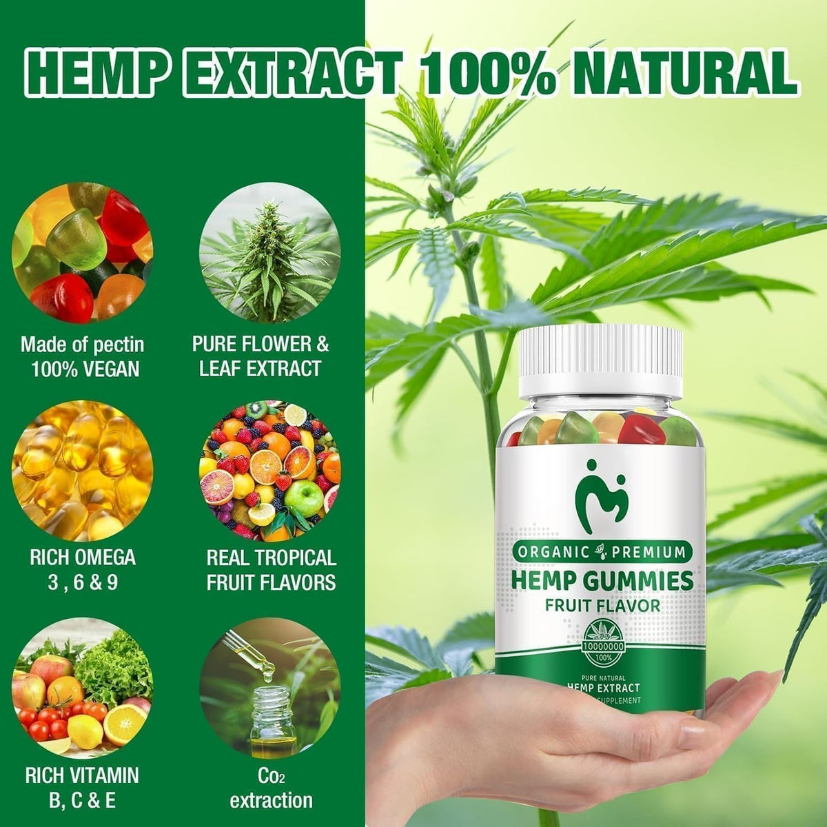 Gummies MOSRAY en arrière-plan naturel avec des feuilles de chanvre