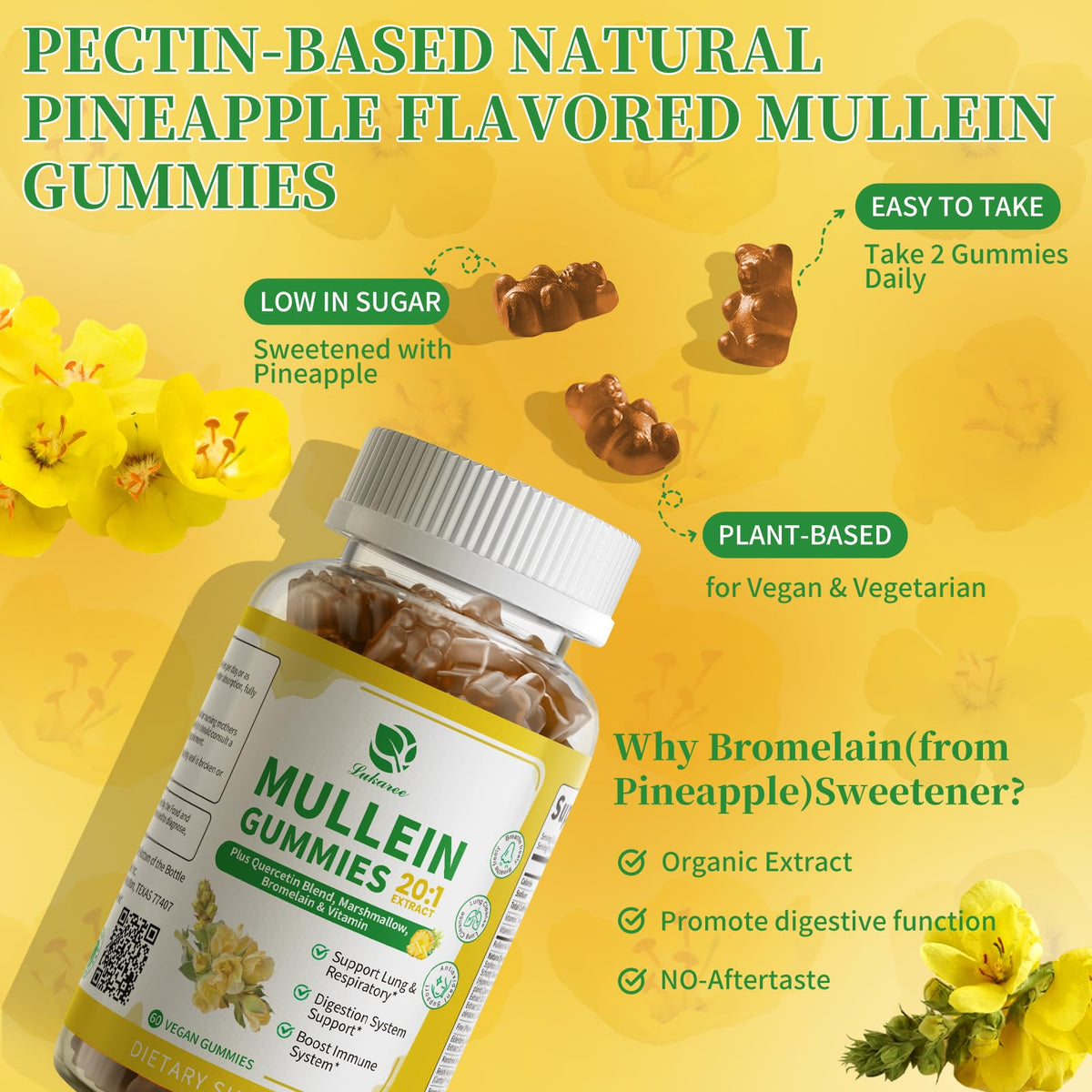Gummies Mullein Lukaree avec ingrédients naturels en arrière-plan