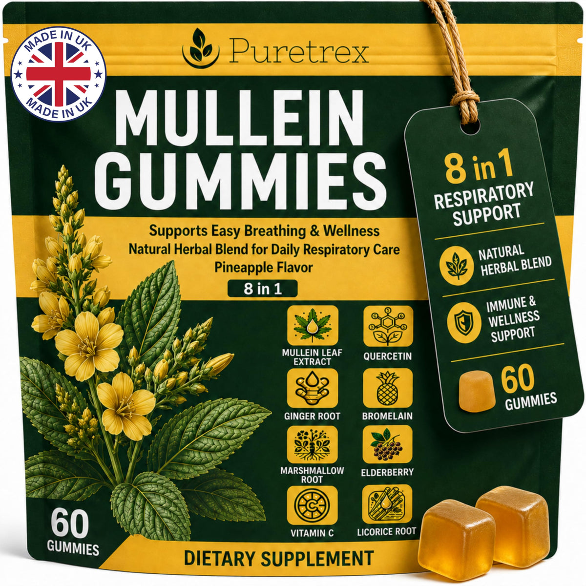 Gummies Mullein PURETREX 60 pièces saveur ananas, vue de face