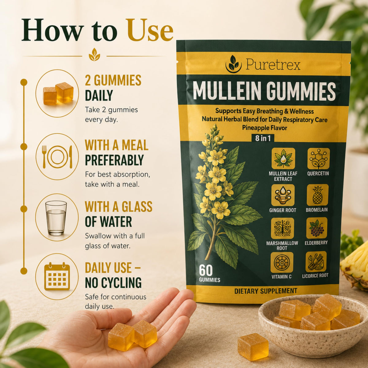 Gummies Mullein PURETREX avec un verre d'eau
