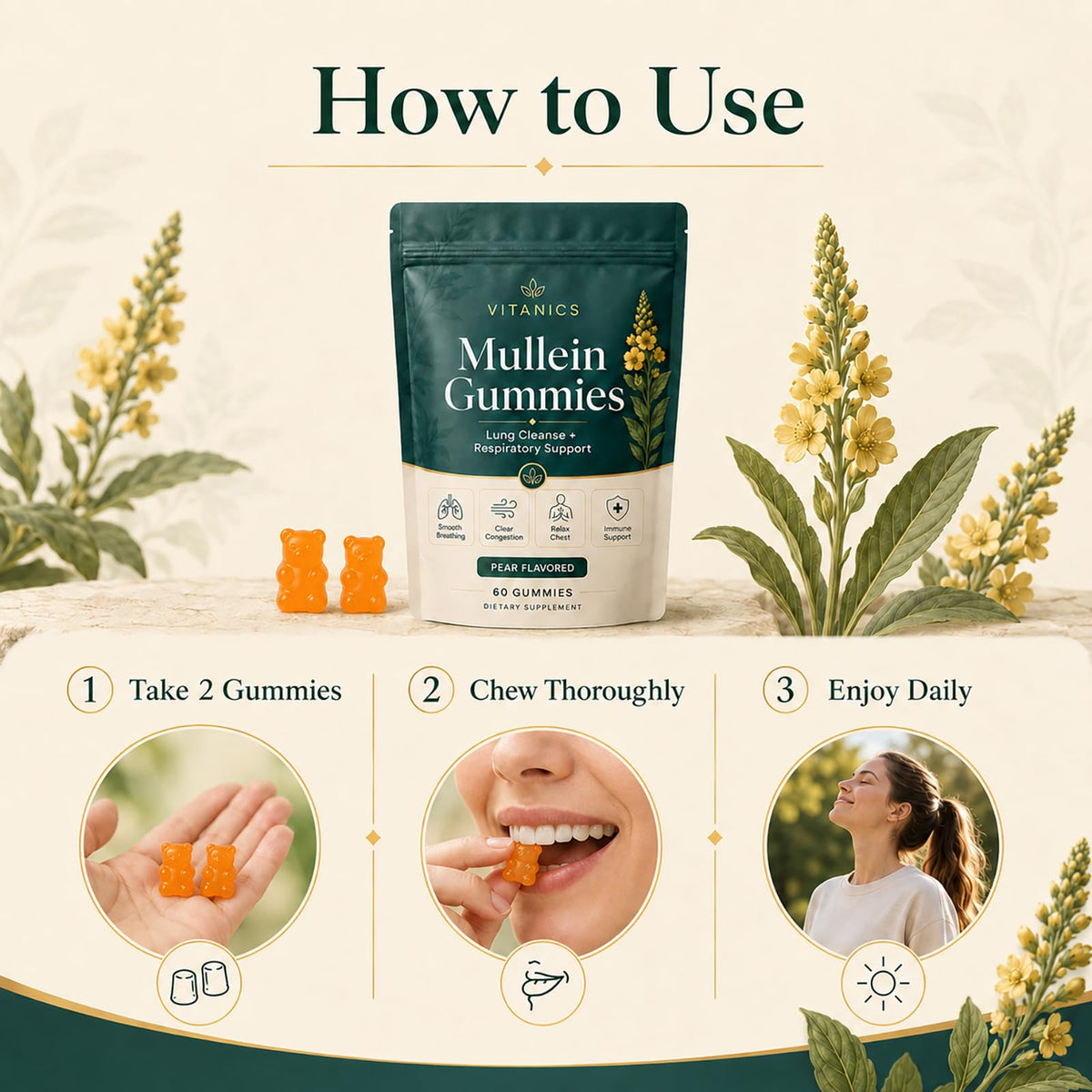 Gummies Mullein QNJIX sur une table avec un verre d'eau à côté