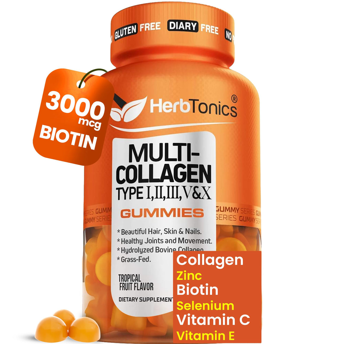 Gummies Multi Collagène Herbtonics 60 gummies vue de face avec emballage tropical