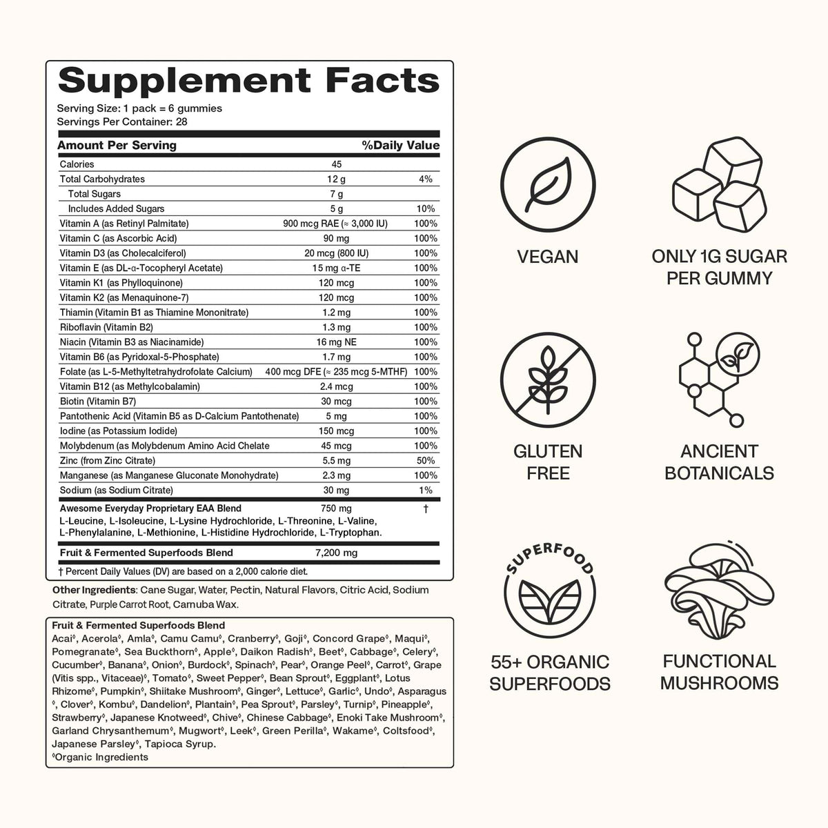 Gummies multivitamines Awesome Aminos avec un verre d'eau