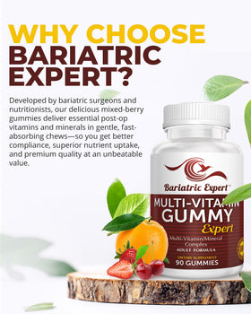 Gummies multivitamines Bariatric Food Expert avec fruits en arrière-plan