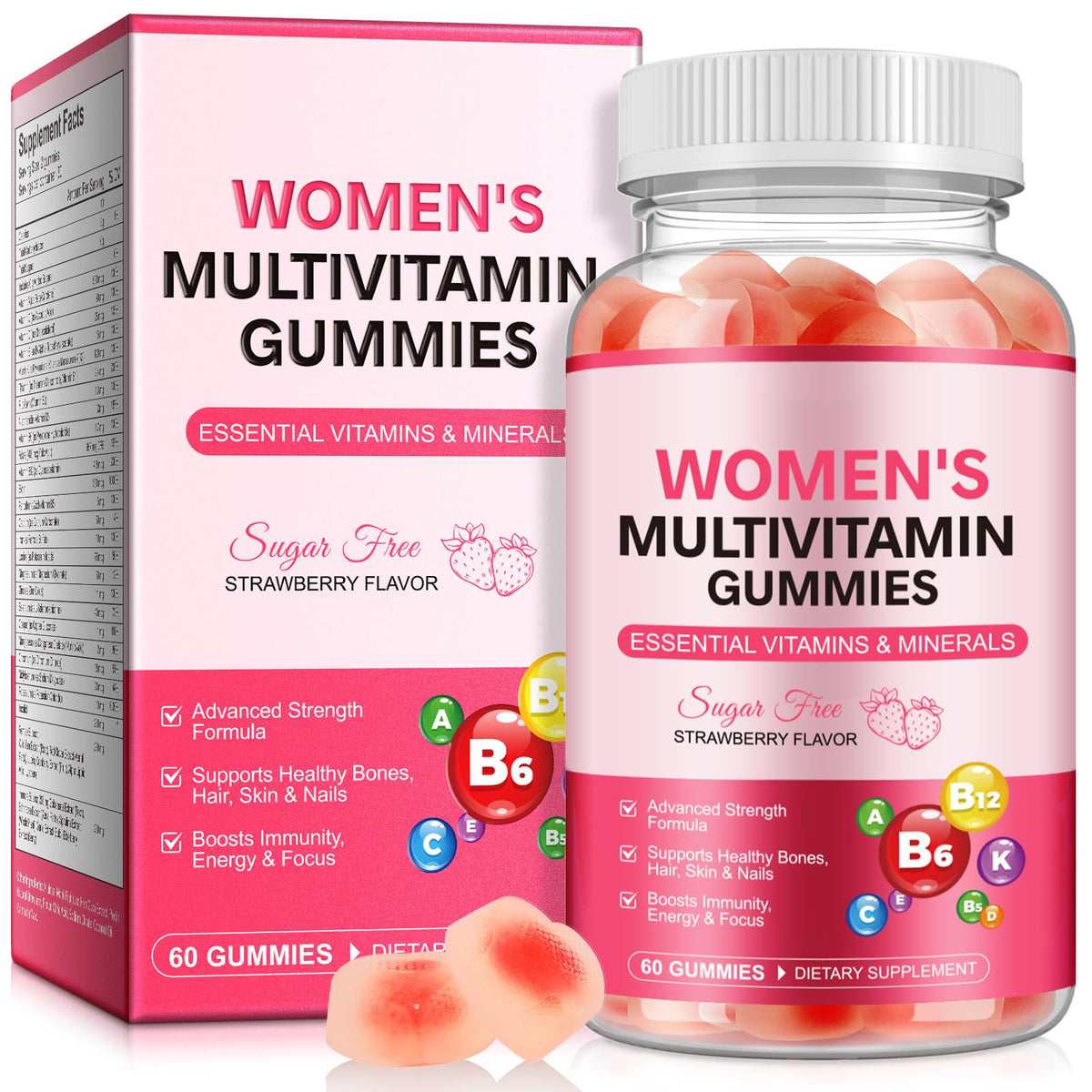 Gummies multivitamines DCTTVHVD pour femmes, pot de 60 gummies saveur fraise