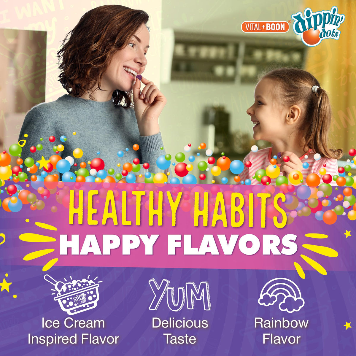 Gummies multivitamines Dippin' Dots sur fond blanc