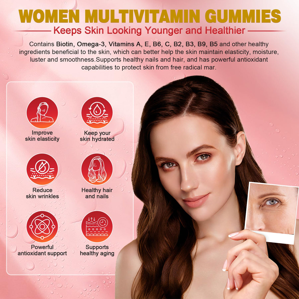 Gummies multivitamines EnvyCure, prise en main avec des mains féminines