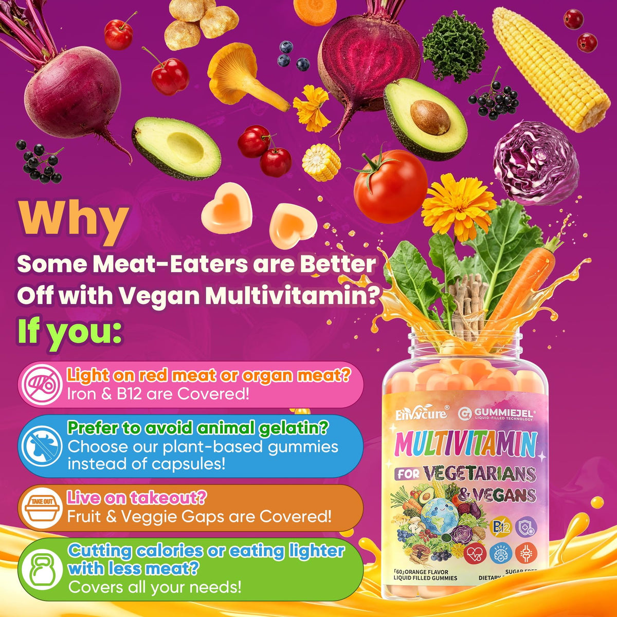 Gummies multivitaminés EnvyCure sur une table avec des fruits