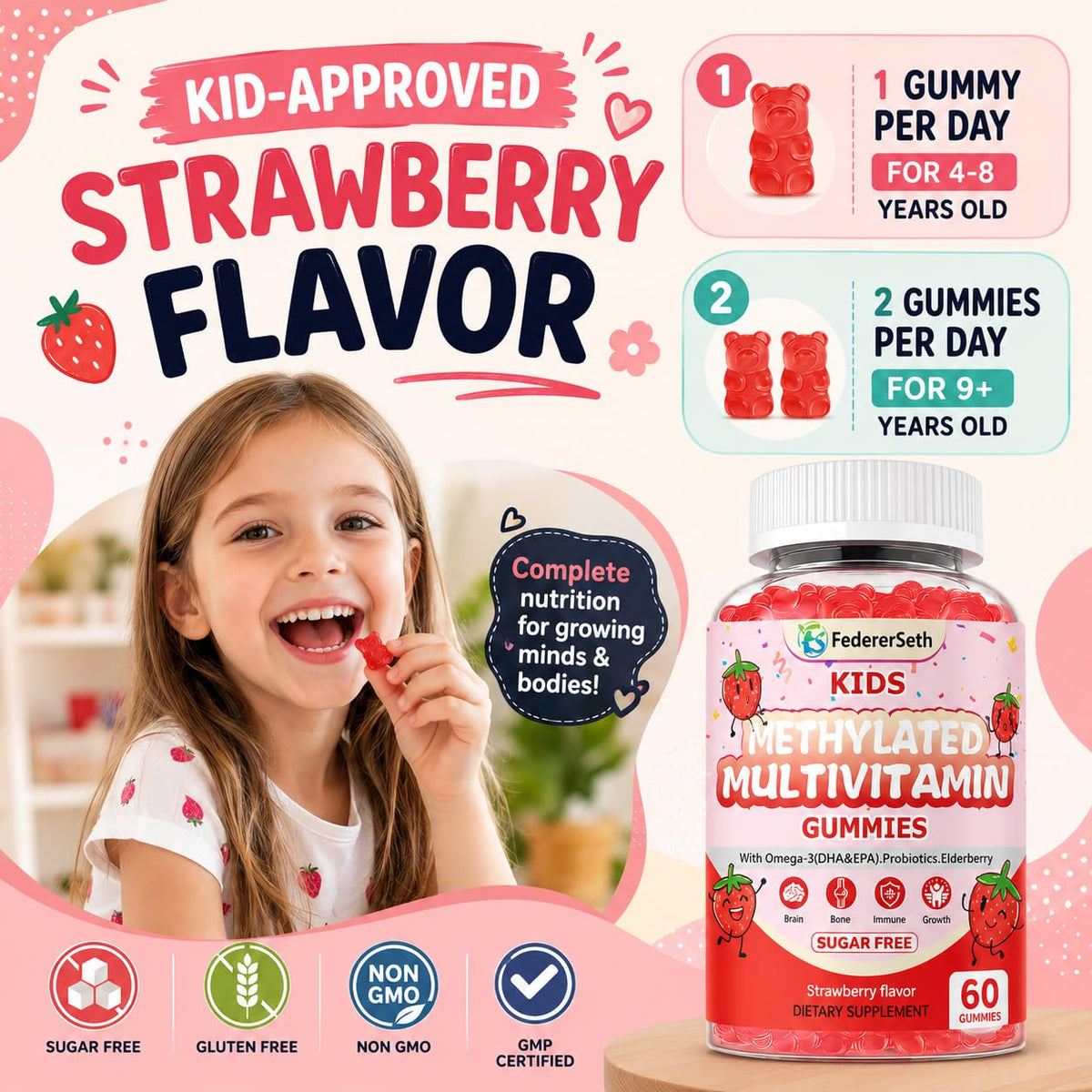 Gummies multivitamines FedererSeth, mise en scène avec des fruits