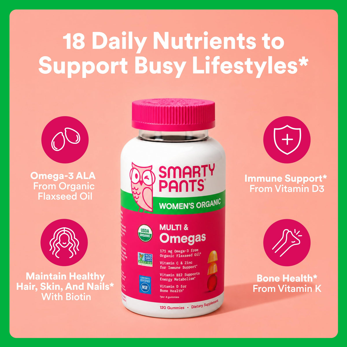 Gummies Multivitamines Femmes SmartyPants saveurs framboise, citron vert et raisin