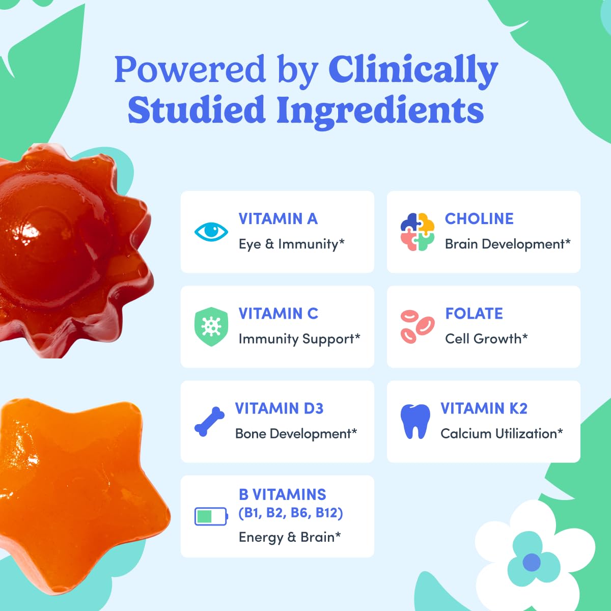 Gummies multivitamines FIRST DAY, présentation avec fruits frais