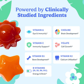 Gummies multivitamines FIRST DAY, présentation avec fruits frais