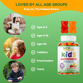 Gummies multivitamines Halal pour enfants SHIFAA NUTRITION avec des fruits en arrière-plan