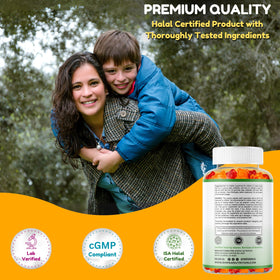 Gummies multivitamines Halal SHIFAA NUTRITION avec des éléments naturels en arrière-plan