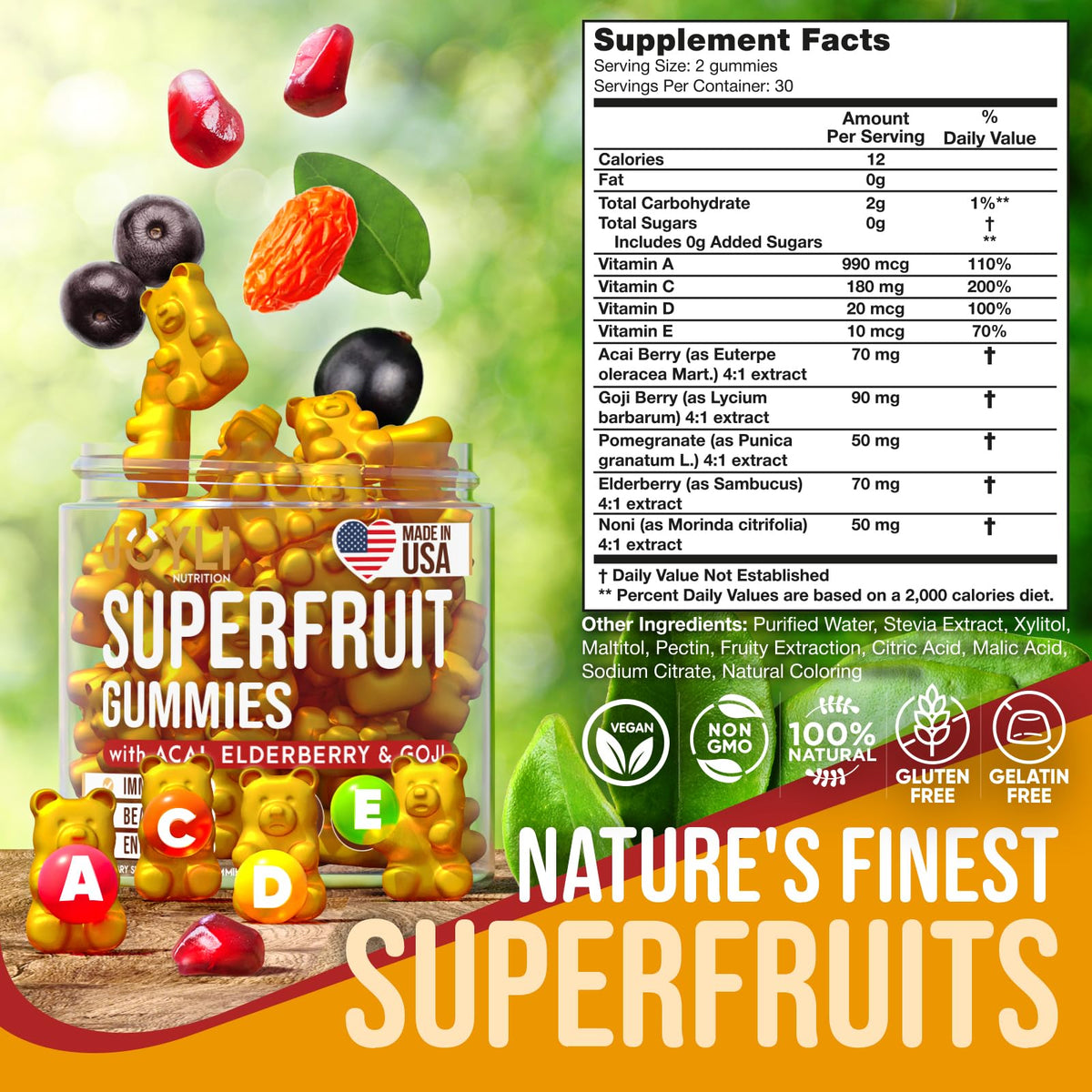 Gummies multivitamines JOYLI Nutrition avec fruits en arrière-plan