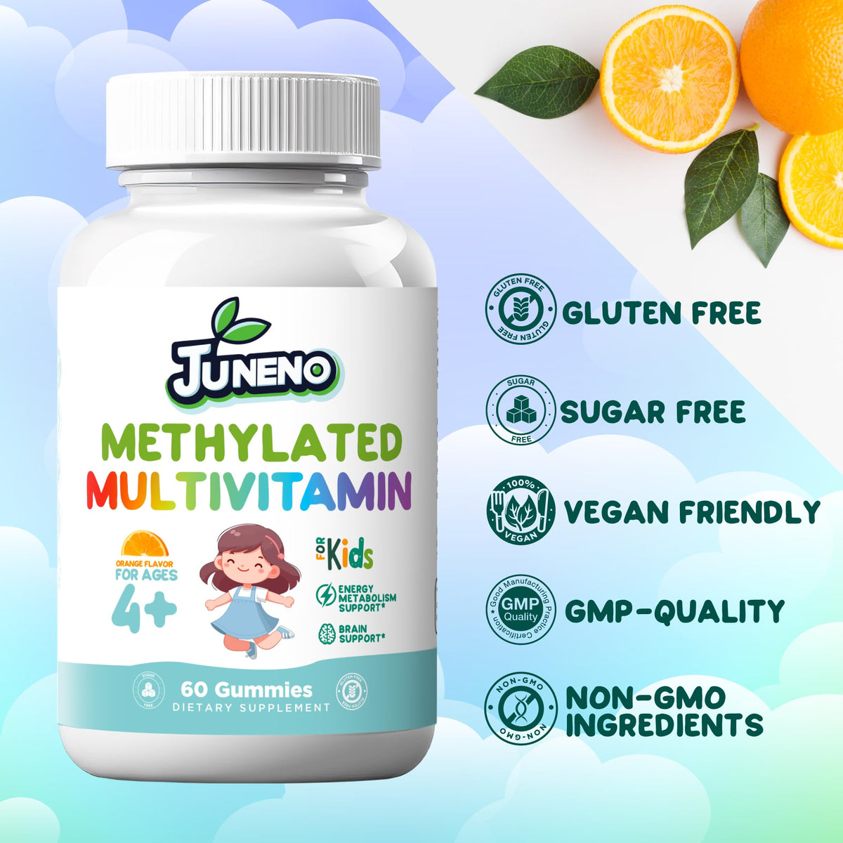 Gummies multivitamines Juneno avec étiquettes nutritionnelles