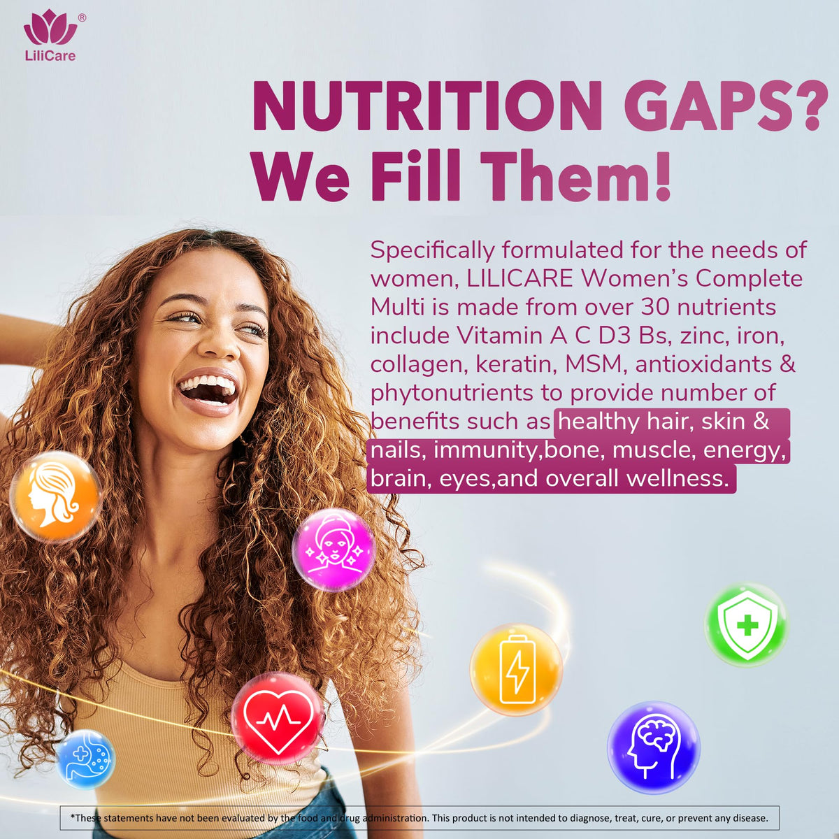 Gummies multivitamines LILICARE sur une table avec des ingrédients
