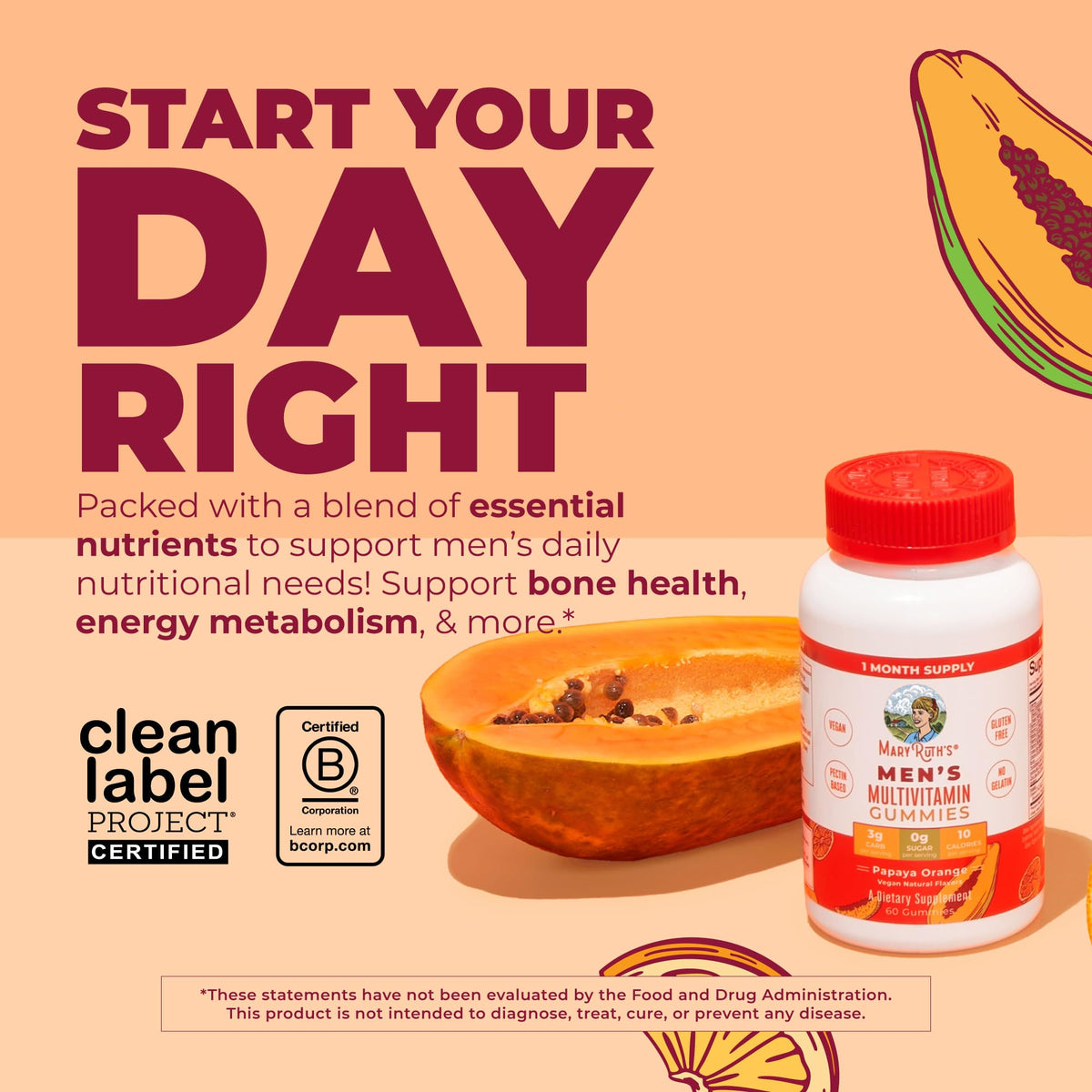 Gummies multivitamines MARYRUTH'S au goût de papaye et orange, vue de face