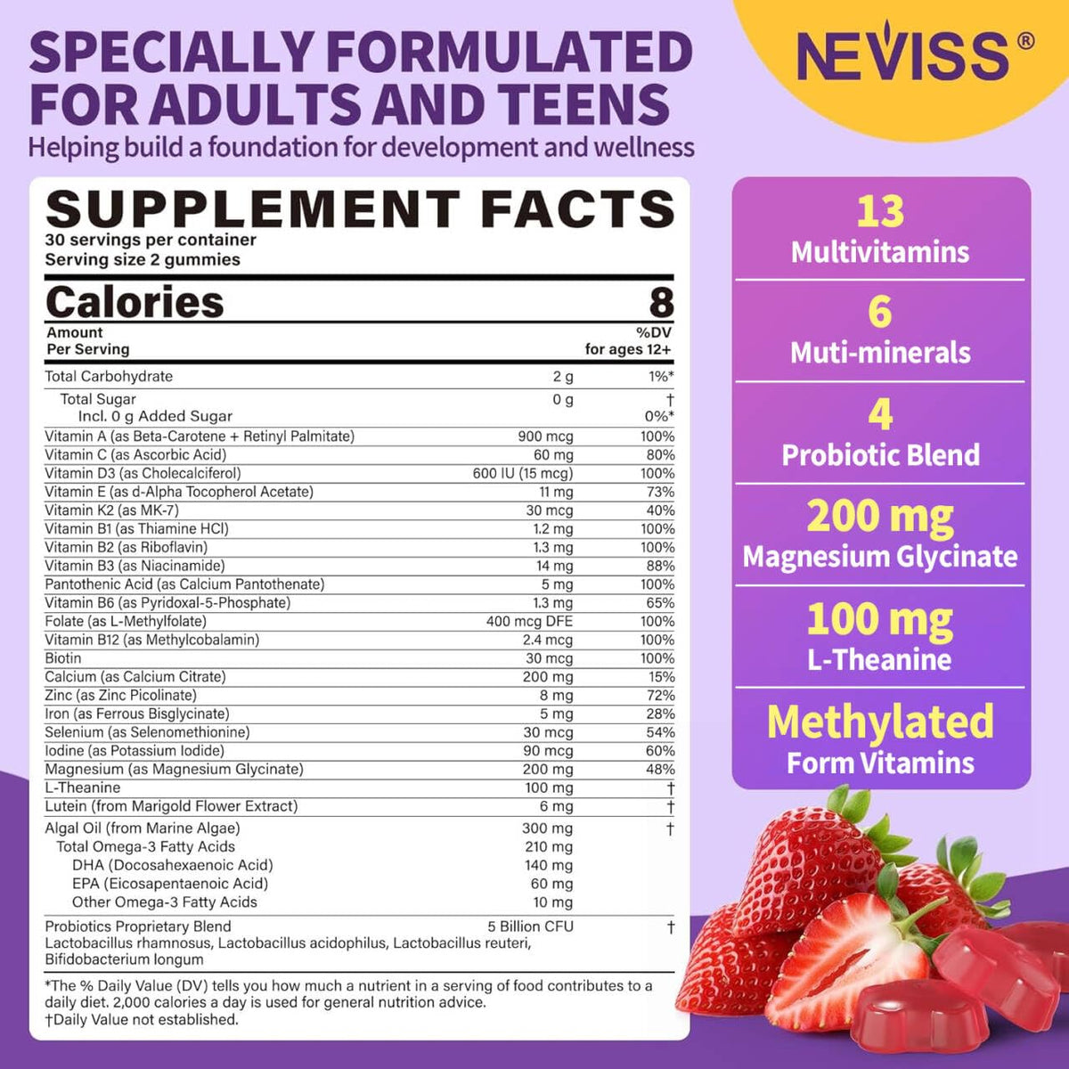Gummies multivitamines NEVISS, emballage et contenu