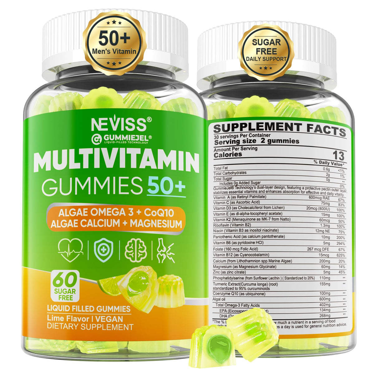 Gummies multivitamines NEVISS pour hommes 50+, 240g, face avant de l'emballage