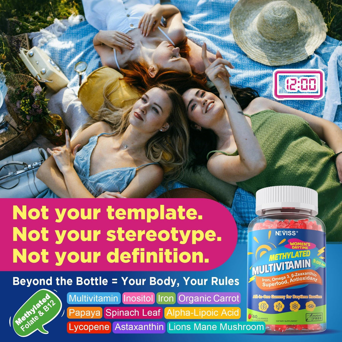 Gummies multivitamines NEVISS, présentation sur une table