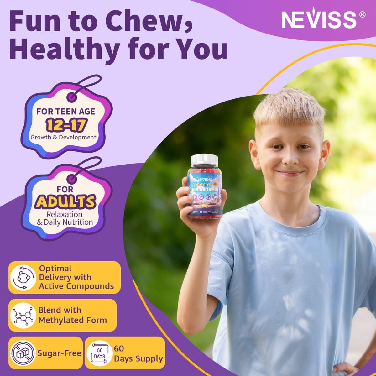 Gummies multivitamines NEVISS, texture et couleur des gummies