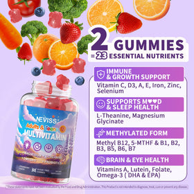 Gummies multivitamines NEVISS, vue aérienne de l'emballage