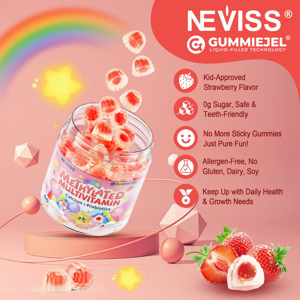Gummies multivitamines NEVISS, vue rapprochée des gummies