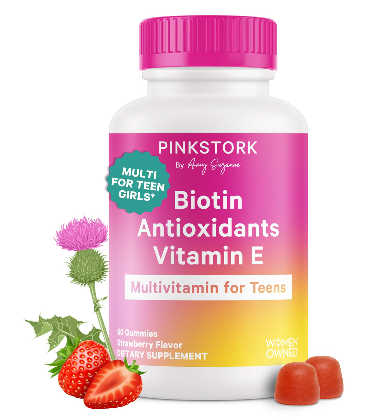 Gummies multivitaminés Pink Stork pour adolescents, 60 gummies au goût de framboise