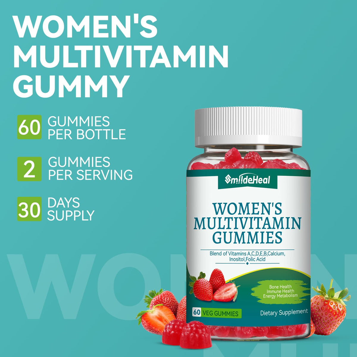 Gummies Multivitamines SmildeHeal sur une table avec fraises