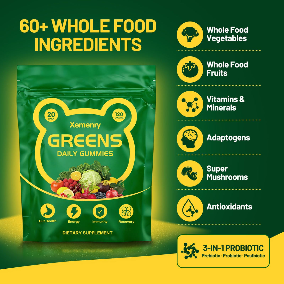Gummies multivitamines Super Greens Xemenry sur une table