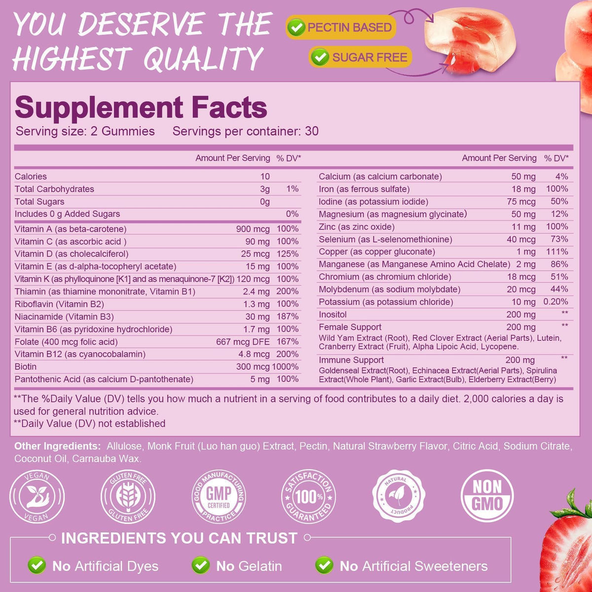 Gummies multivitamines Totaria avec des ingrédients naturels en arrière-plan