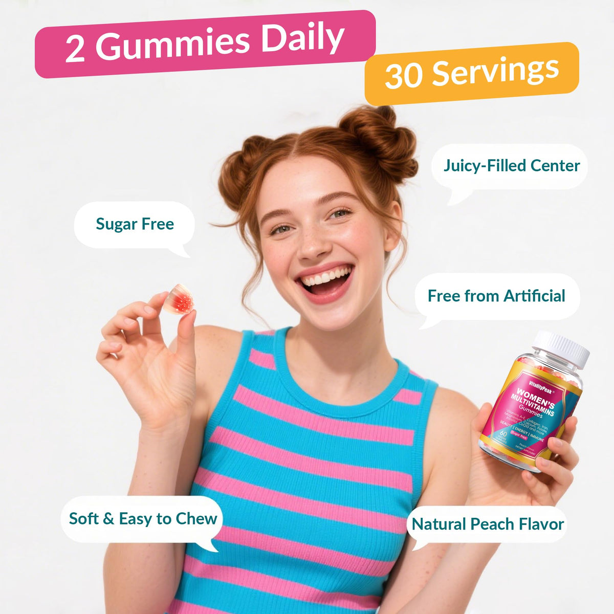 Gummies multivitamines VitalityPeak, présentation sur un fond naturel