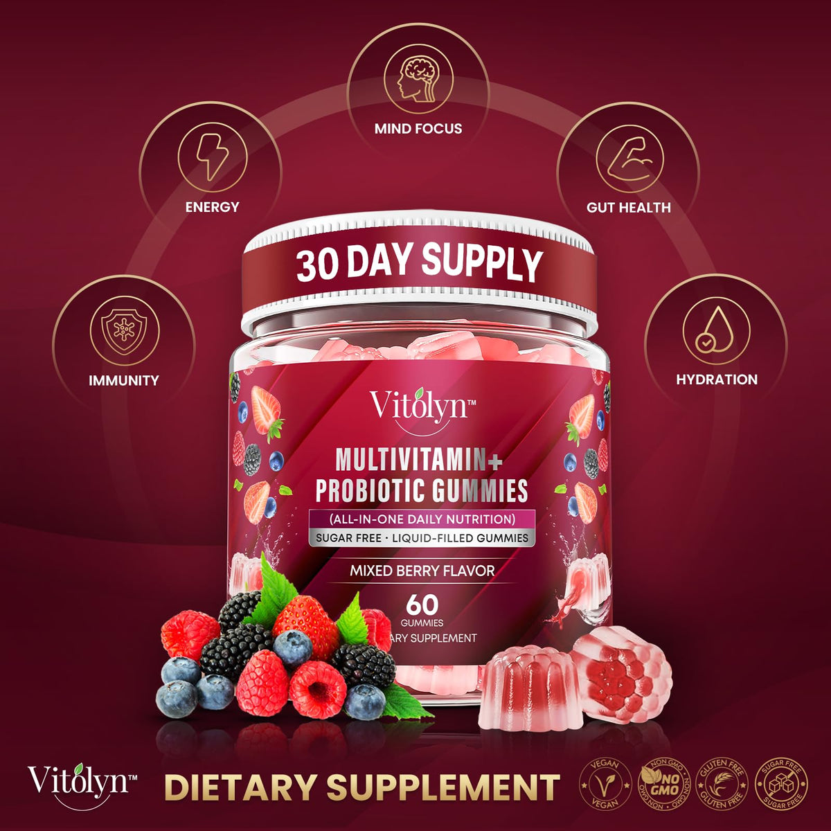 Gummies multivitamines vitolyn sur fond blanc