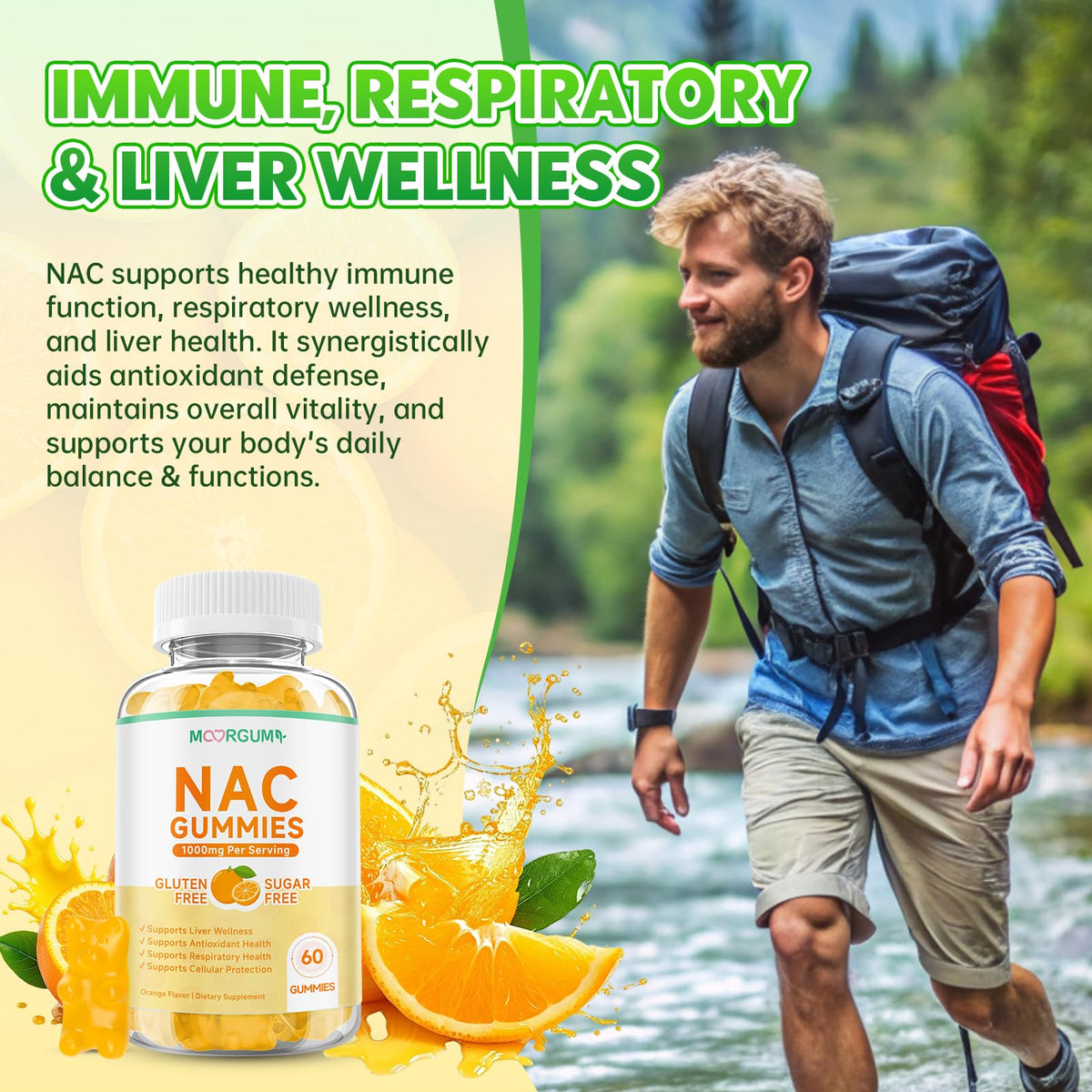 Gummies NAC 1000mg MOORGUMY dans une main, goût orange