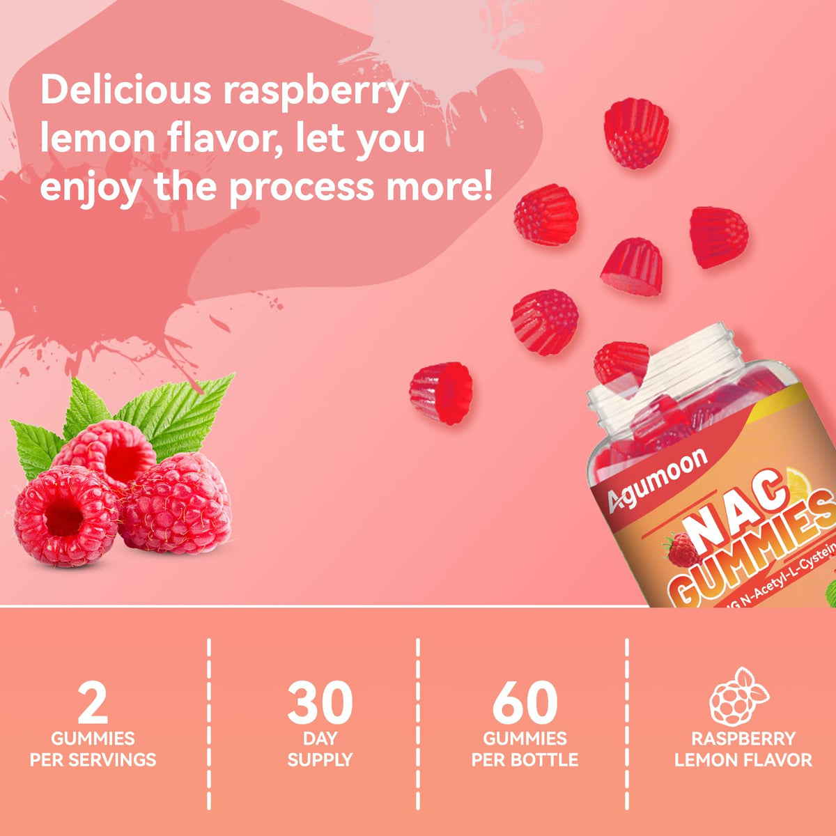 Gummies NAC Agumoon, présentation sur une nappe colorée